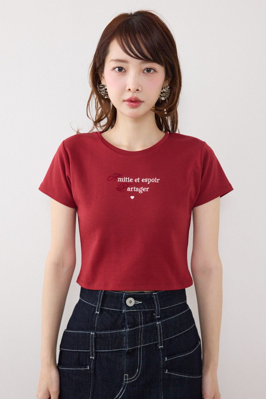 ラインストーンコンパクトロゴTシャツ RED FREE
