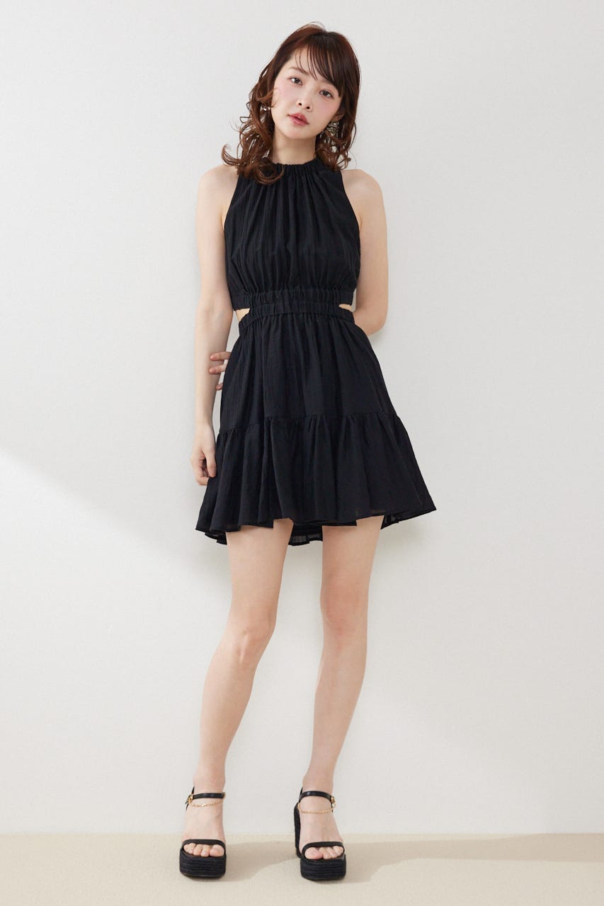 【女神ワンピース】ホルターネックギャザーミニフレアワンピース BLK S