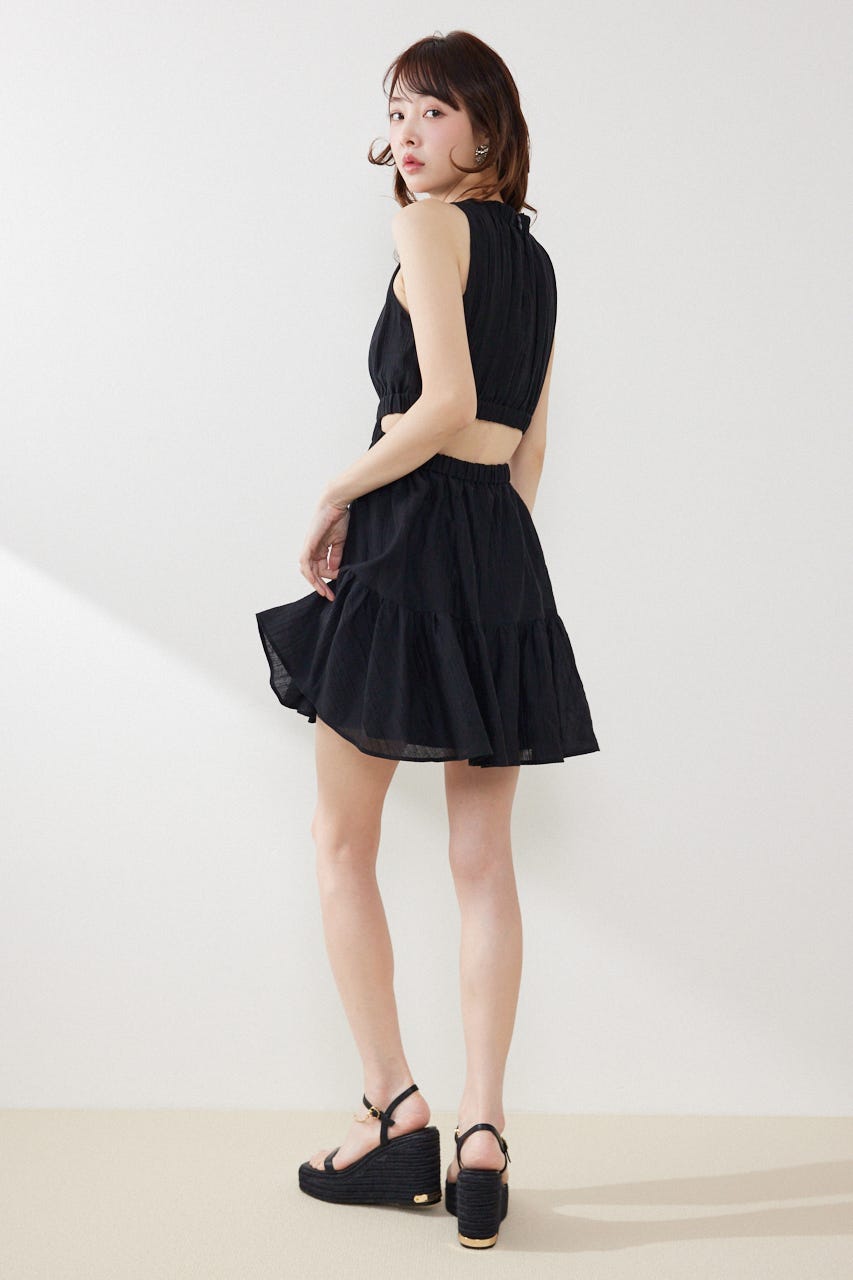 【女神ワンピース】ホルターネックギャザーミニフレアワンピース BLK S