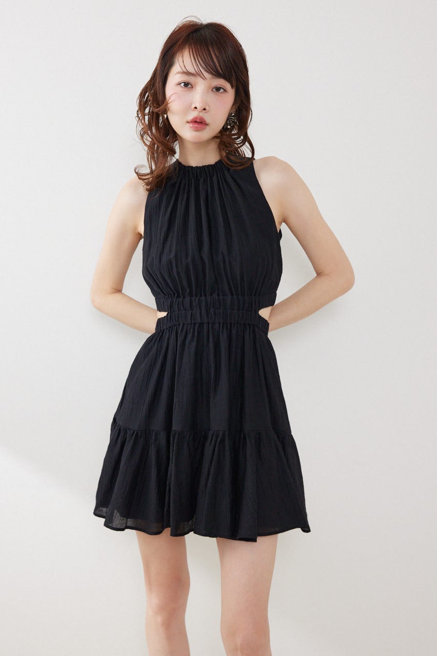 【女神ワンピース】ホルターネックギャザーミニフレアワンピース BLK S