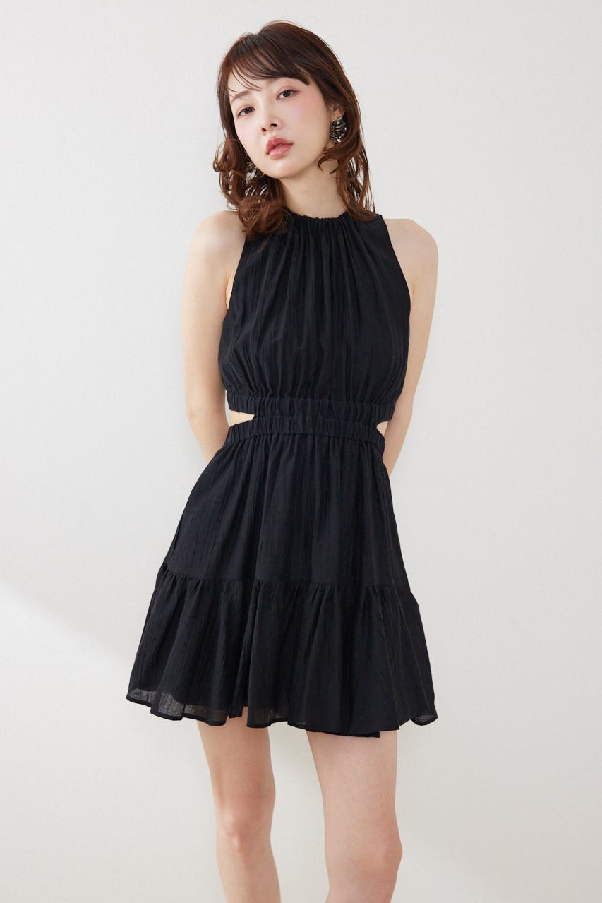 【女神ワンピース】ホルターネックギャザーミニフレアワンピース BLK S