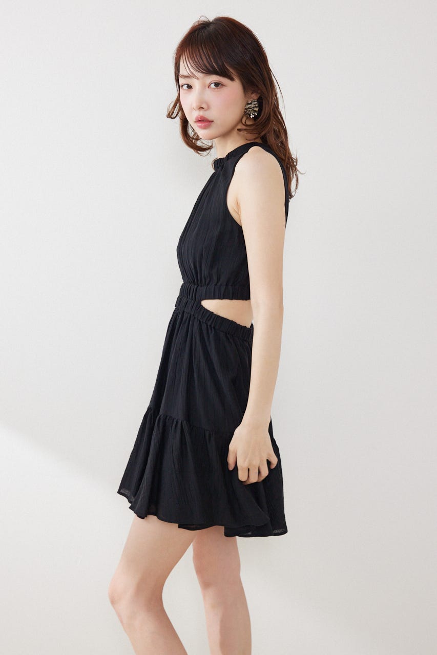 【女神ワンピース】ホルターネックギャザーミニフレアワンピース BLK S
