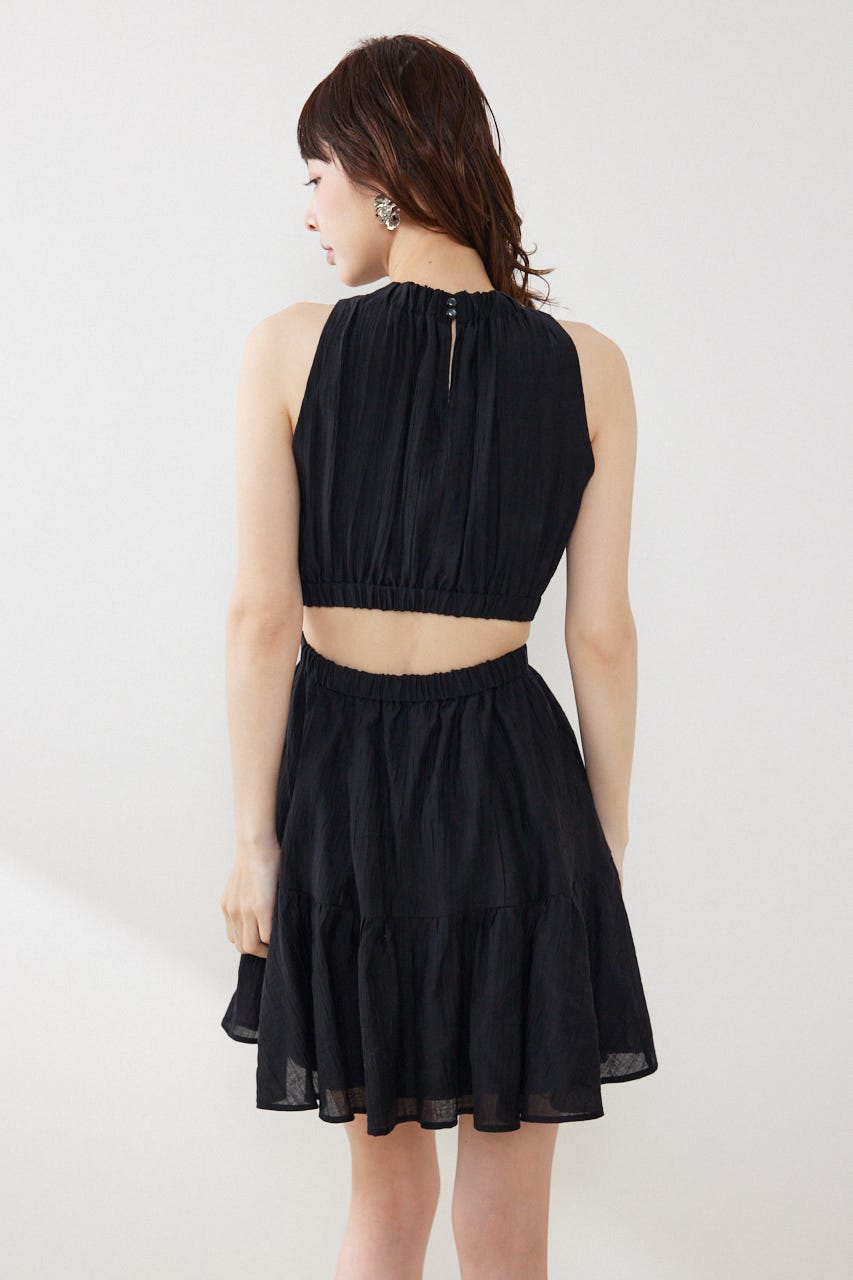 【女神ワンピース】ホルターネックギャザーミニフレアワンピース BLK S