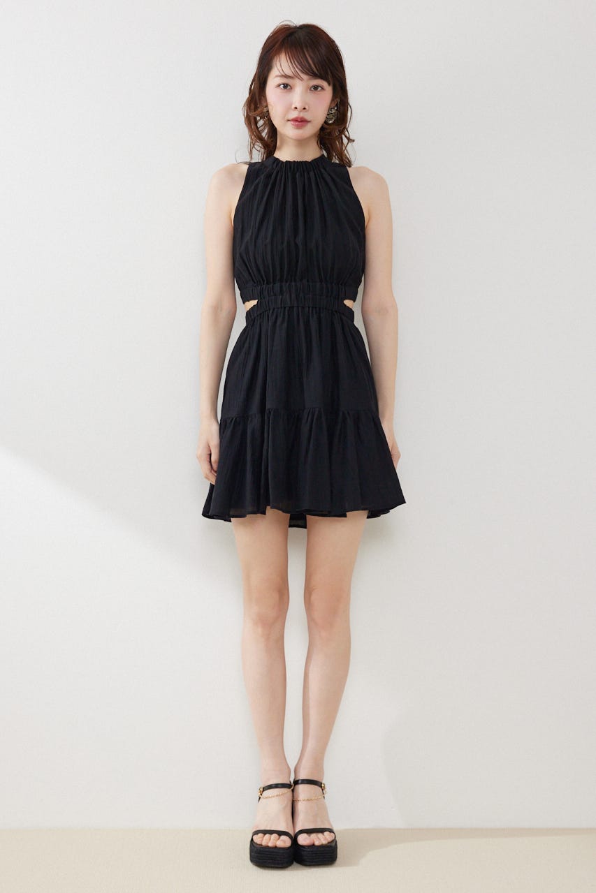 【女神ワンピース】ホルターネックギャザーミニフレアワンピース BLK S