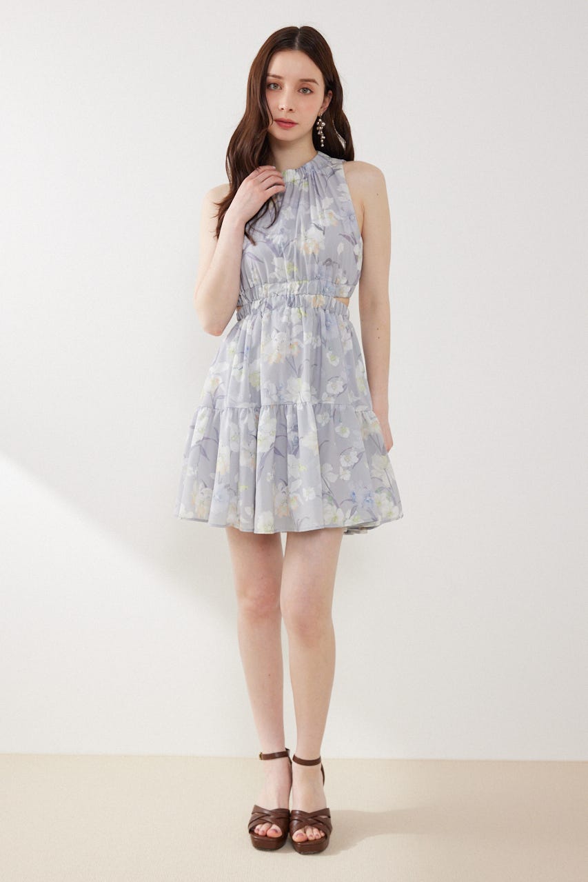 【女神ワンピース】ホルターネックギャザーミニフレアワンピース 柄GRY M