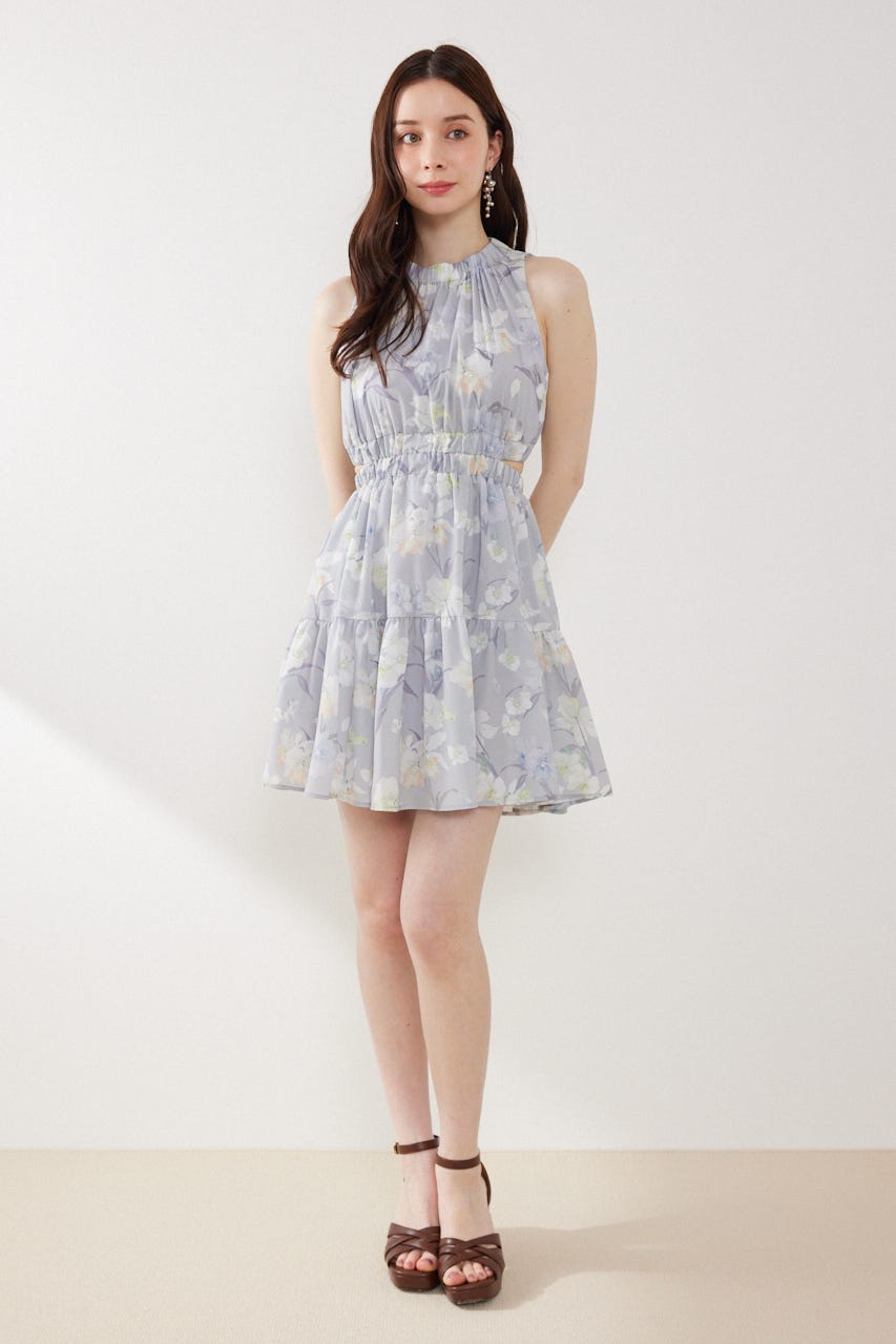 【女神ワンピース】ホルターネックギャザーミニフレアワンピース 柄GRY M