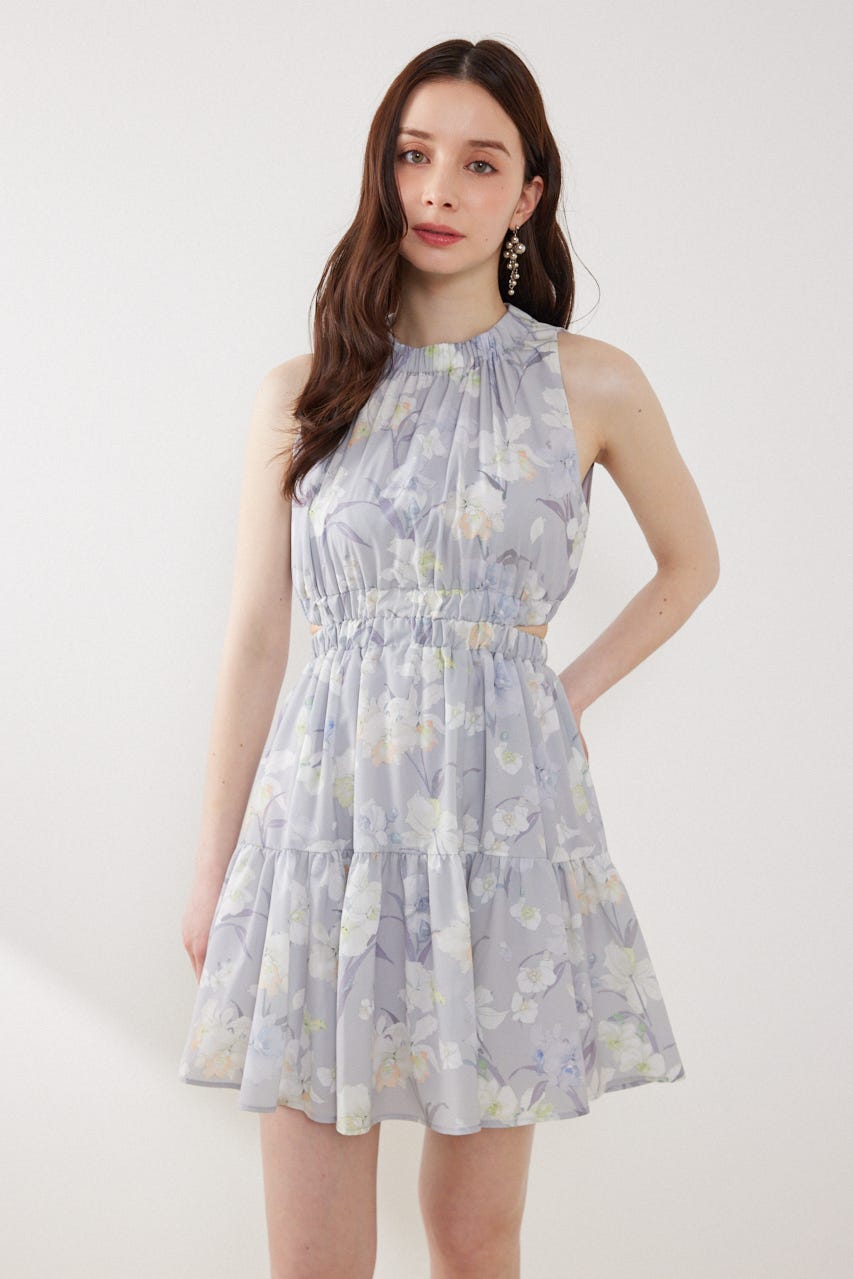 【女神ワンピース】ホルターネックギャザーミニフレアワンピース 柄GRY M