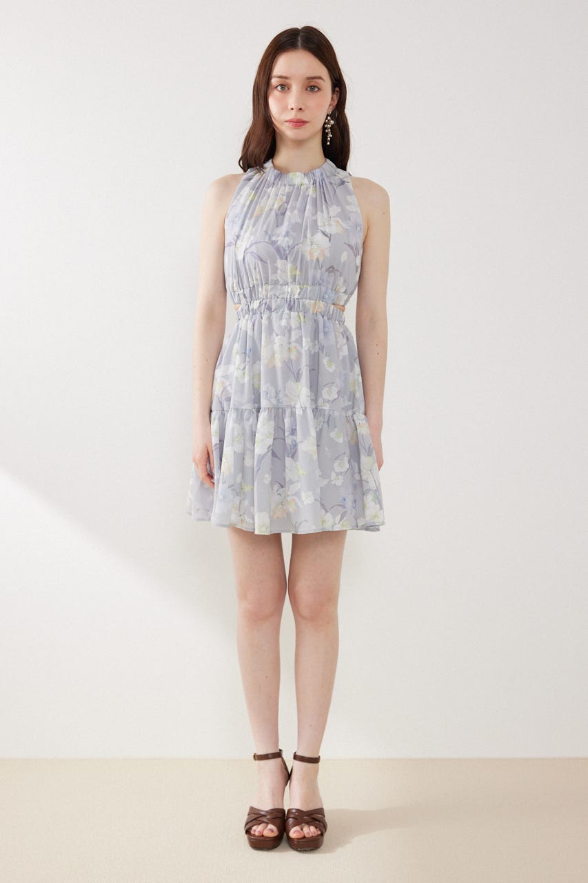 【女神ワンピース】ホルターネックギャザーミニフレアワンピース 柄GRY M