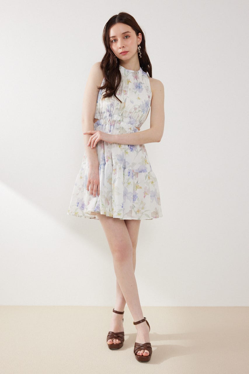 【女神ワンピース】ホルターネックギャザーミニフレアワンピース 柄WHT M