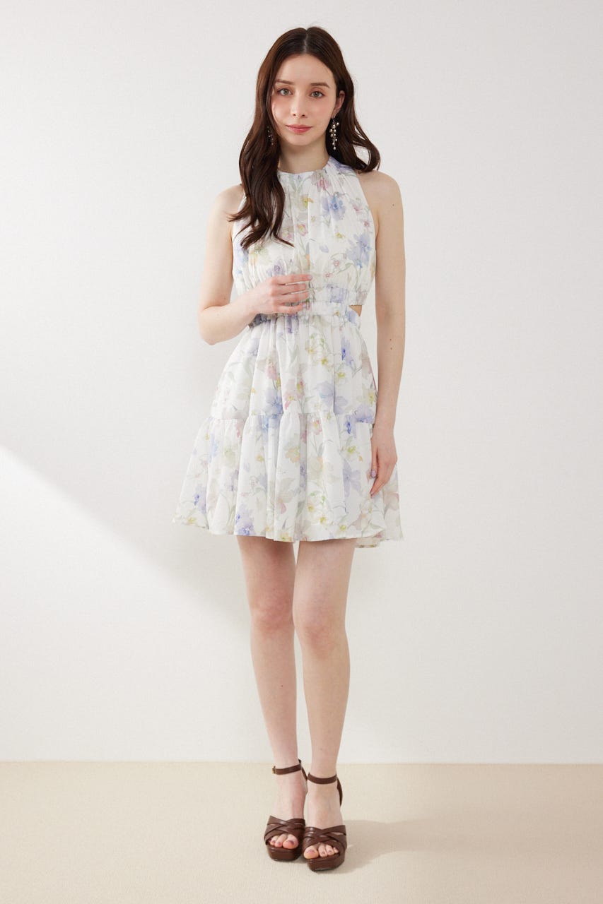 【女神ワンピース】ホルターネックギャザーミニフレアワンピース 柄WHT M