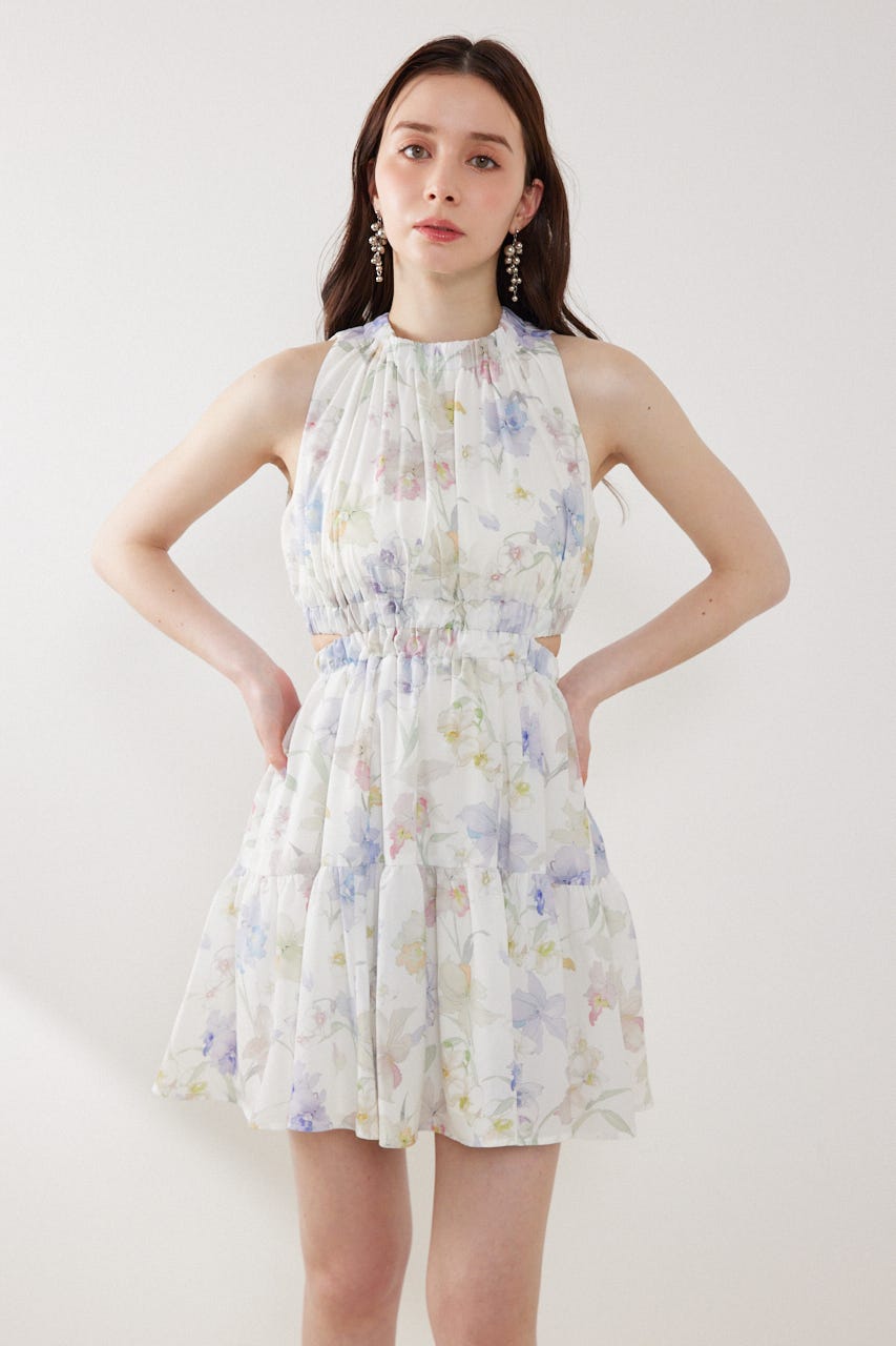 【女神ワンピース】ホルターネックギャザーミニフレアワンピース 柄WHT M