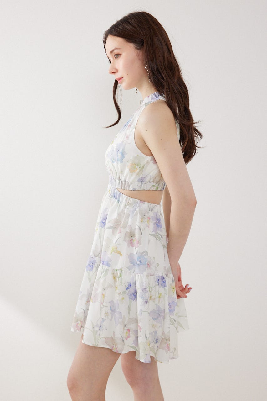 【女神ワンピース】ホルターネックギャザーミニフレアワンピース 柄WHT M