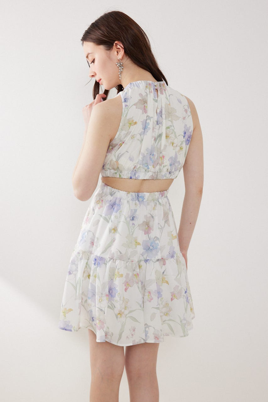 【女神ワンピース】ホルターネックギャザーミニフレアワンピース 柄WHT M