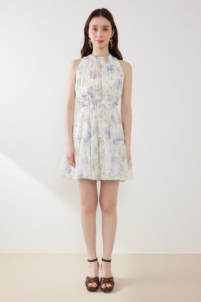 【女神ワンピース】ホルターネックギャザーミニフレアワンピース 柄WHT M