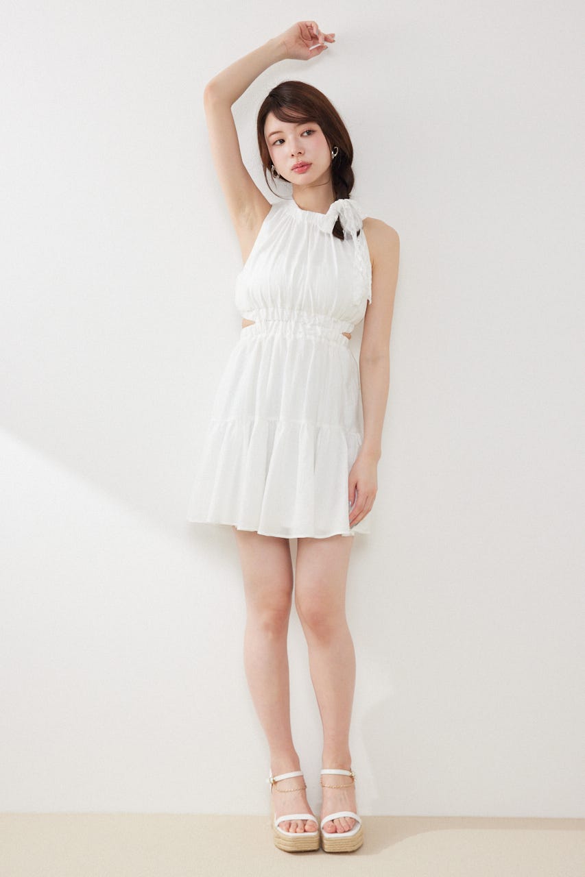 【女神ワンピース】ホルターネックギャザーミニフレアワンピース IVOY M