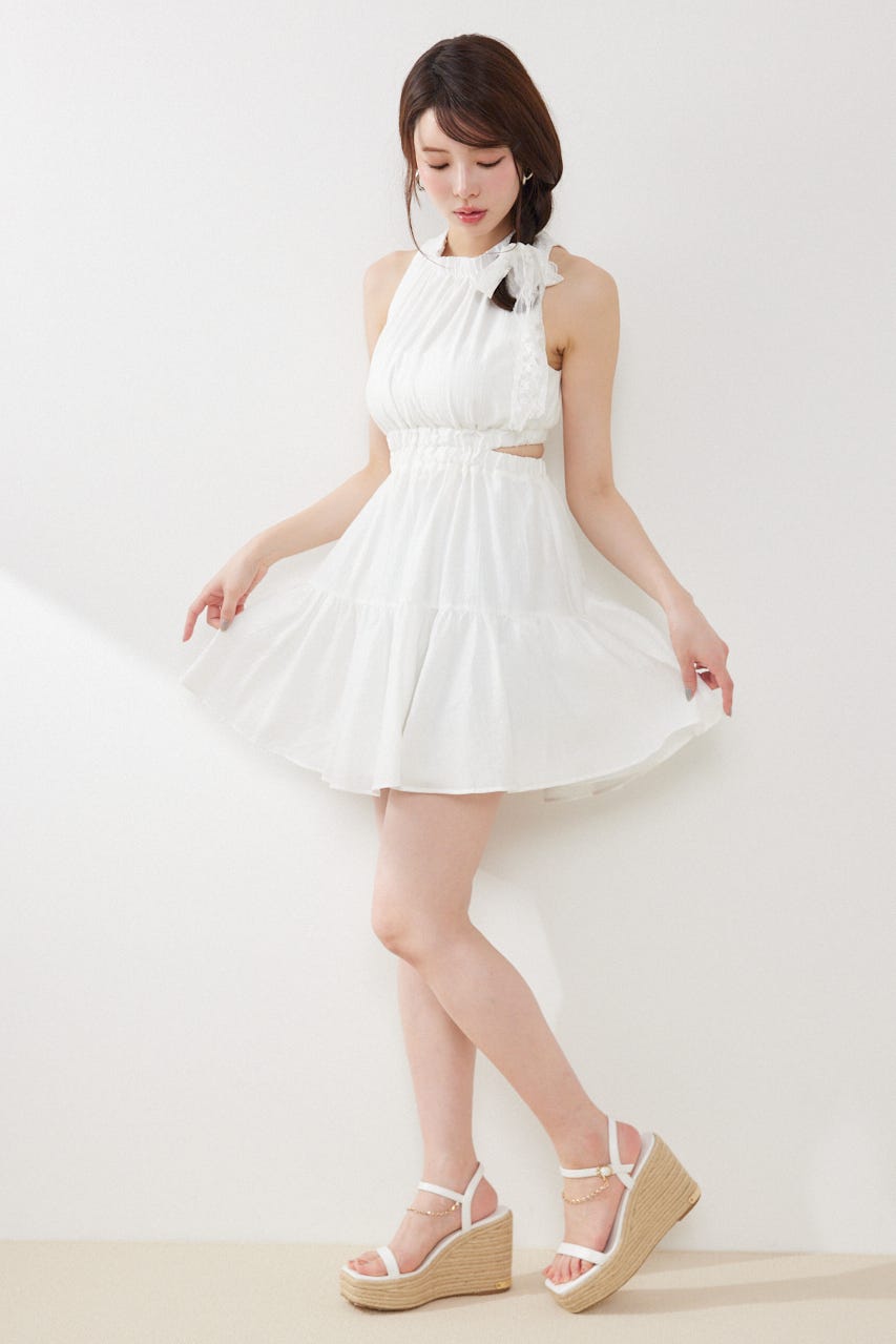【女神ワンピース】ホルターネックギャザーミニフレアワンピース IVOY M