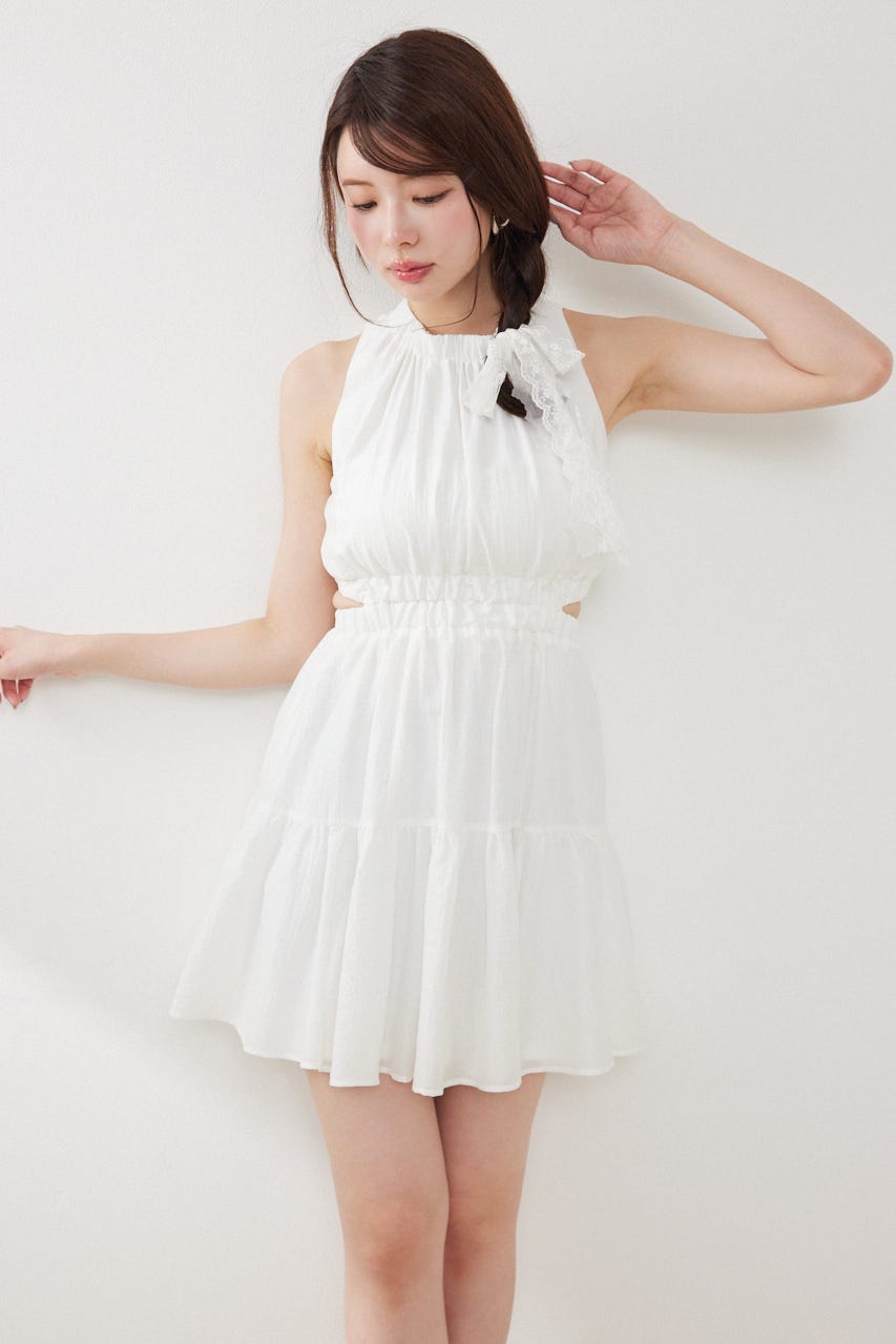 【女神ワンピース】ホルターネックギャザーミニフレアワンピース IVOY M