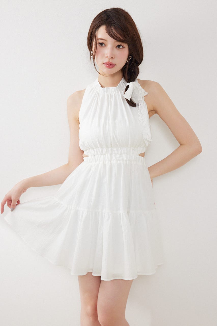 【女神ワンピース】ホルターネックギャザーミニフレアワンピース IVOY M