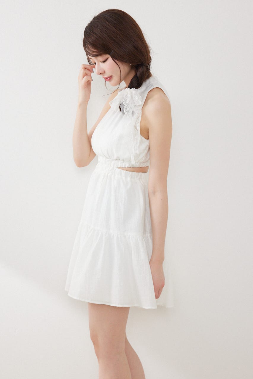 【女神ワンピース】ホルターネックギャザーミニフレアワンピース IVOY M