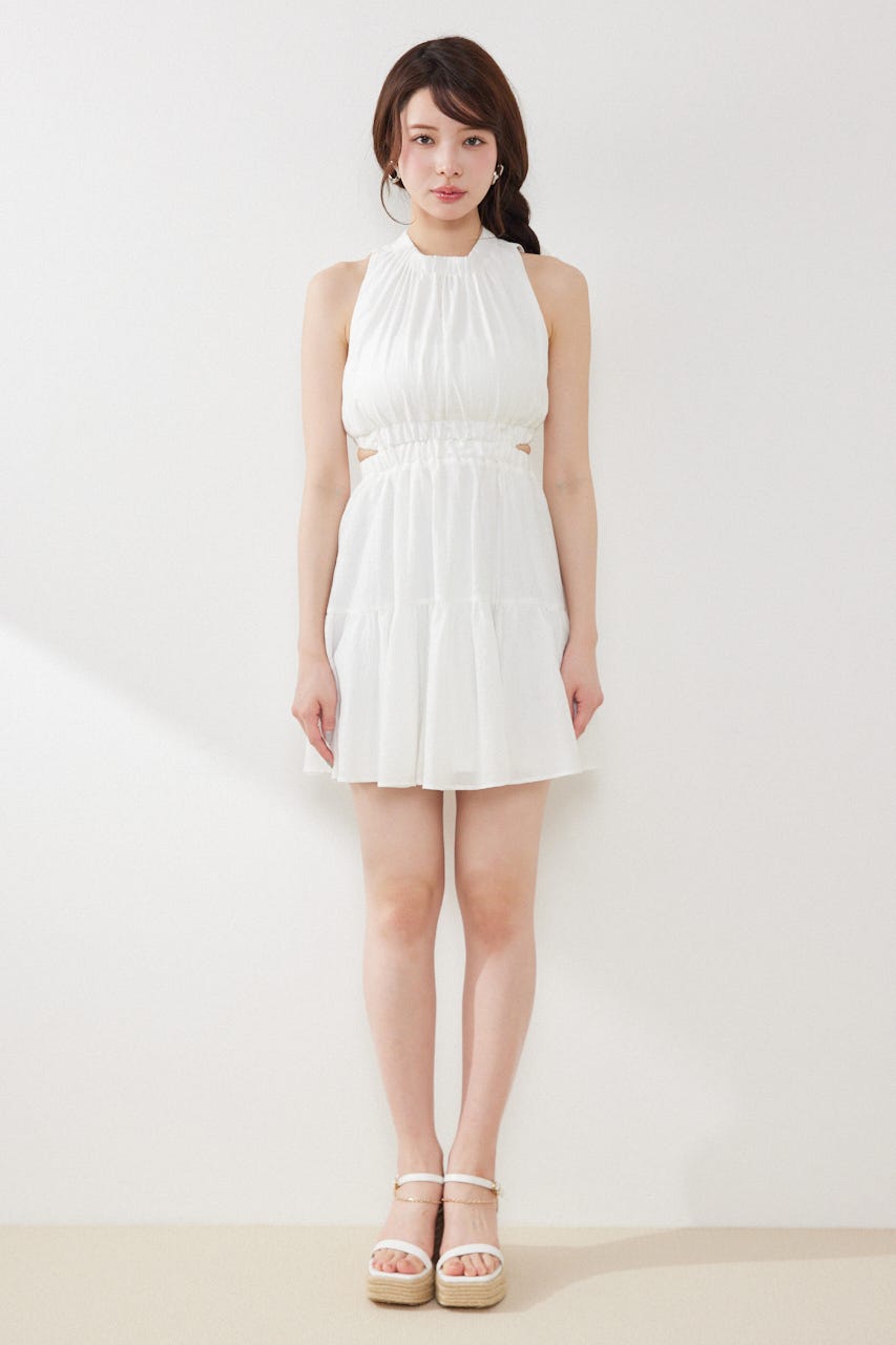 【女神ワンピース】ホルターネックギャザーミニフレアワンピース IVOY M