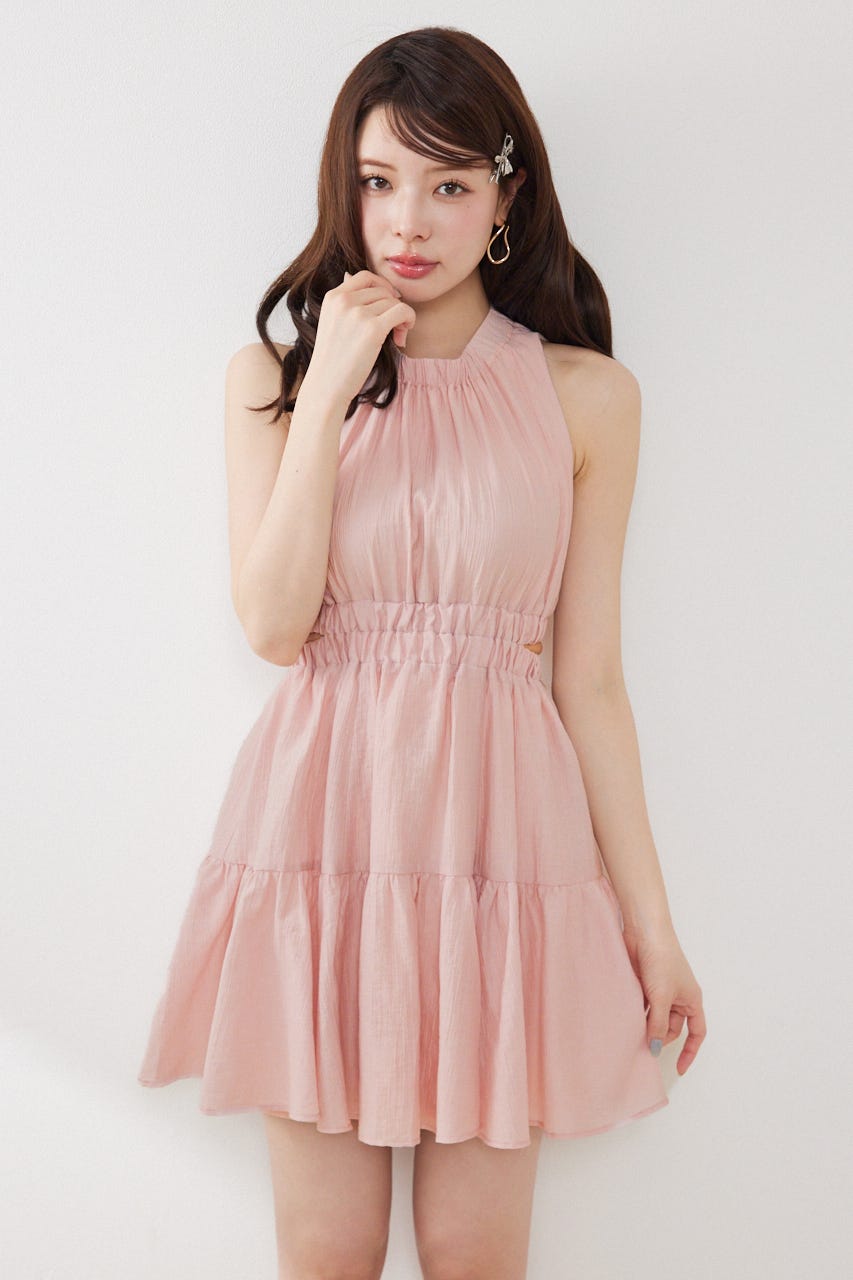 【女神ワンピース】ホルターネックギャザーミニフレアワンピース PNK S