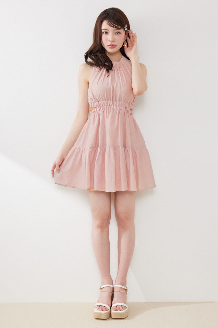 【女神ワンピース】ホルターネックギャザーミニフレアワンピース PNK S