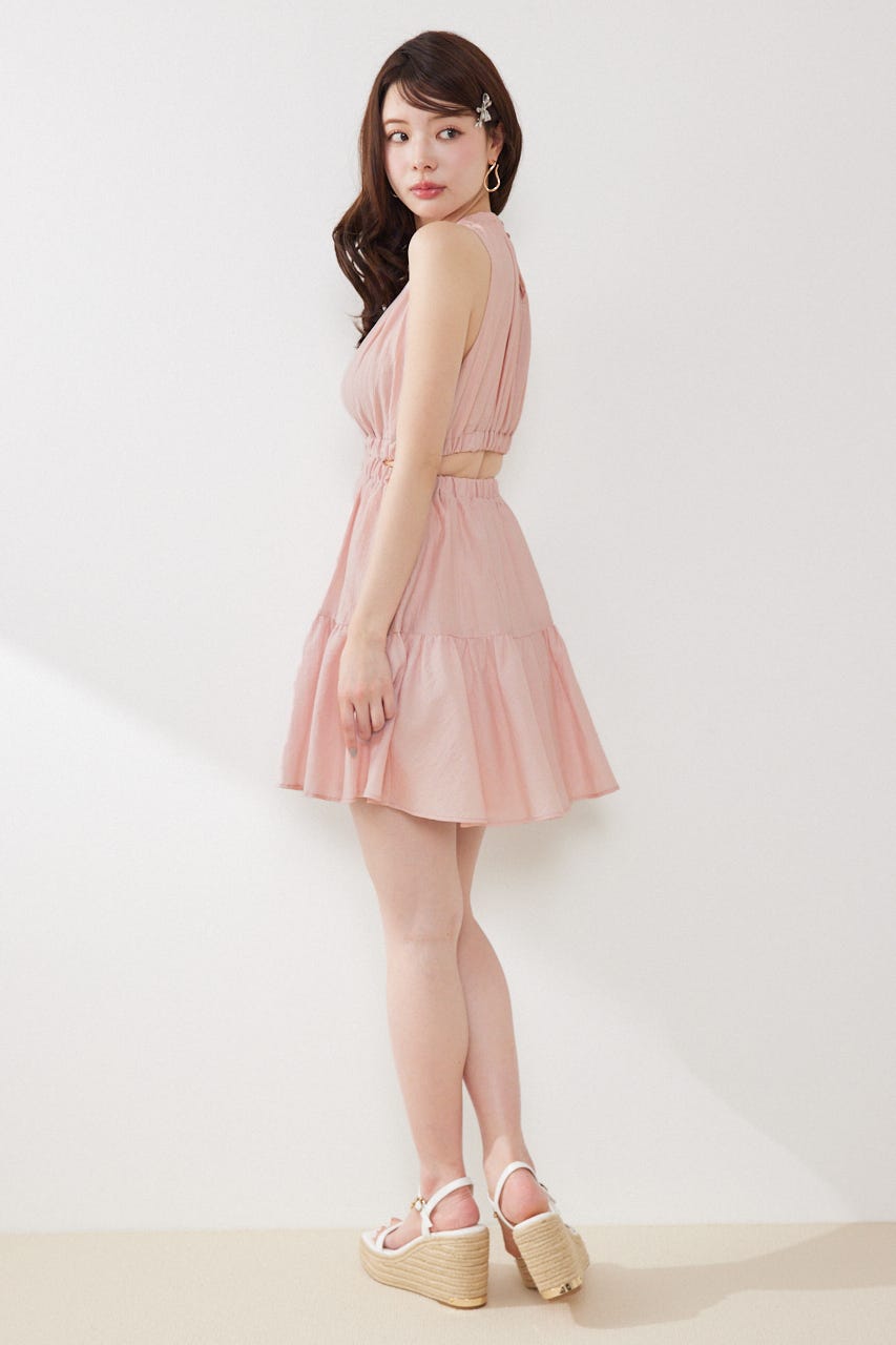 【女神ワンピース】ホルターネックギャザーミニフレアワンピース PNK S