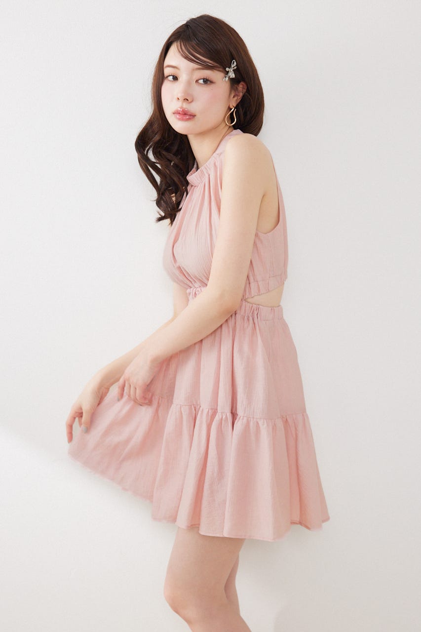 【女神ワンピース】ホルターネックギャザーミニフレアワンピース PNK S
