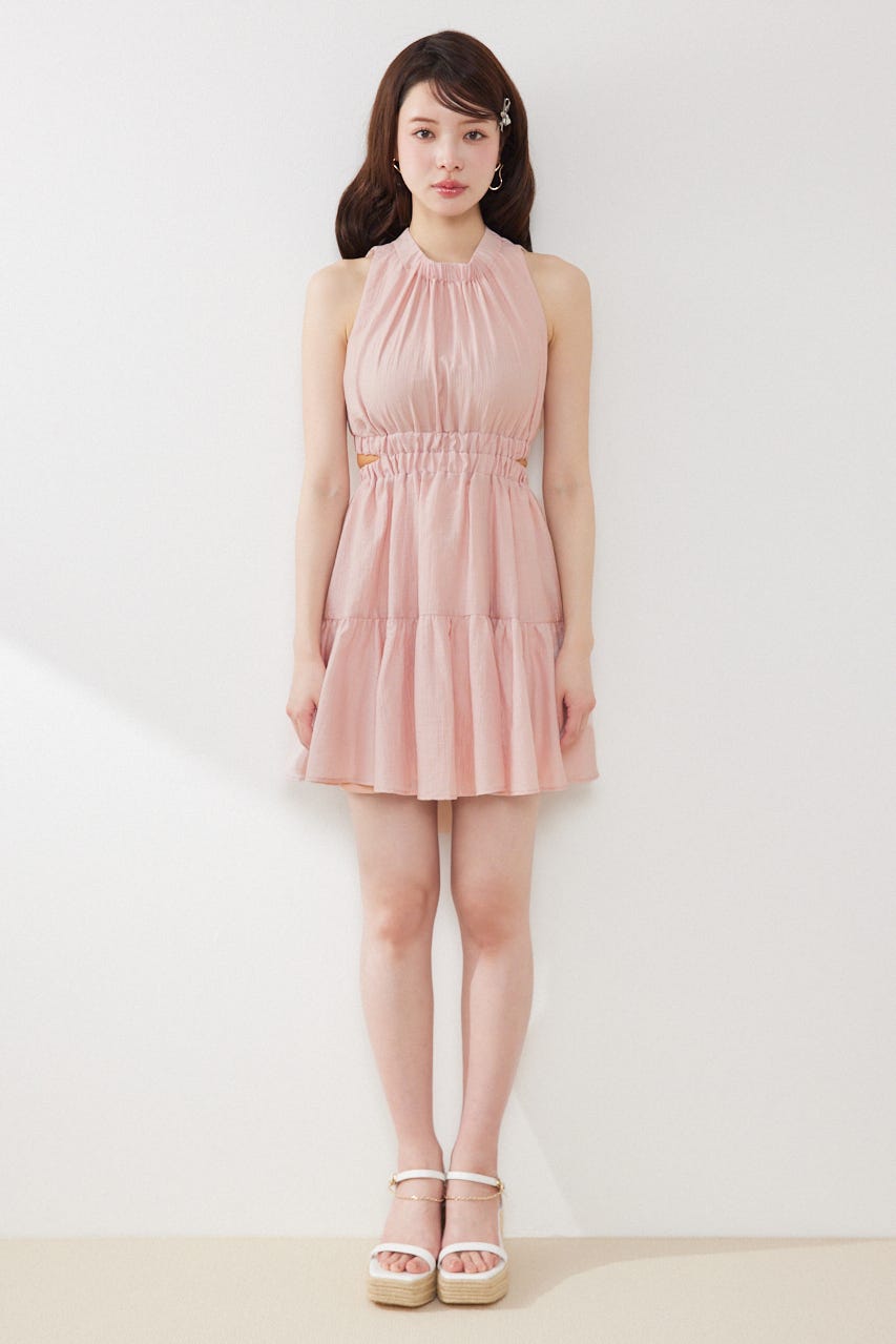 【女神ワンピース】ホルターネックギャザーミニフレアワンピース PNK S