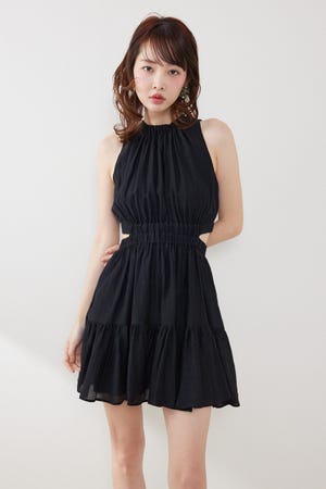 【女神ワンピース】ホルターネックギャザーミニフレアワンピース