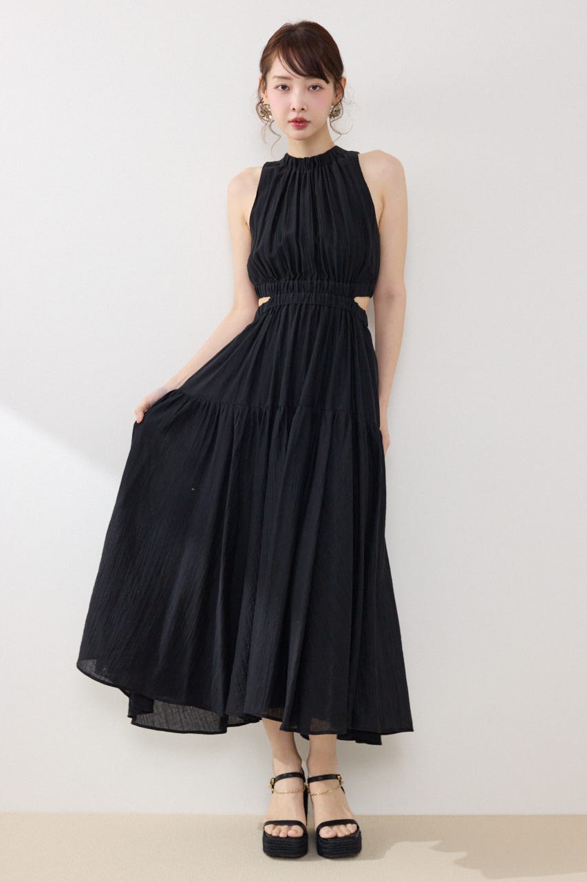 【女神ワンピース】ホルターネックギャザーフレアワンピース BLK S
