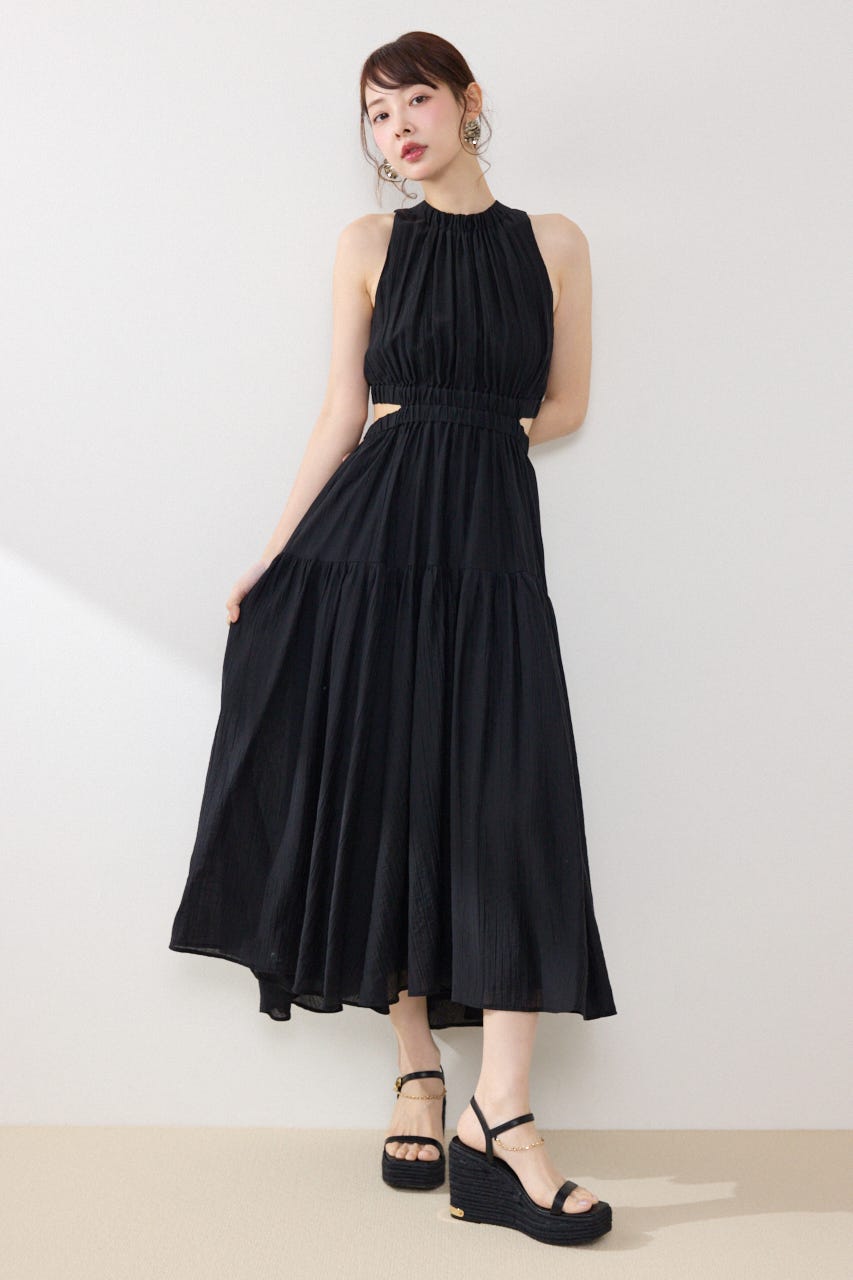 【女神ワンピース】ホルターネックギャザーフレアワンピース BLK S