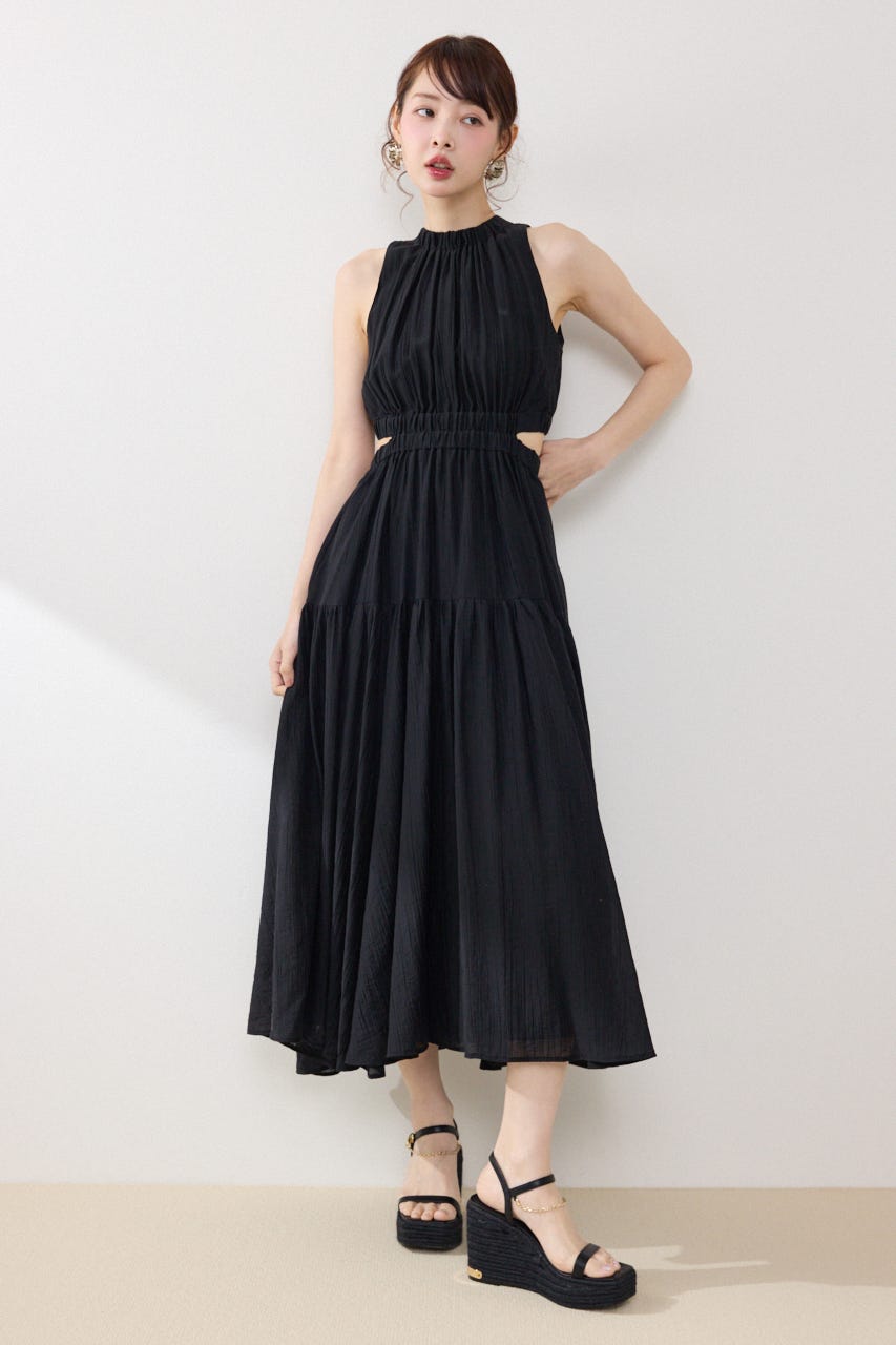 【女神ワンピース】ホルターネックギャザーフレアワンピース BLK S