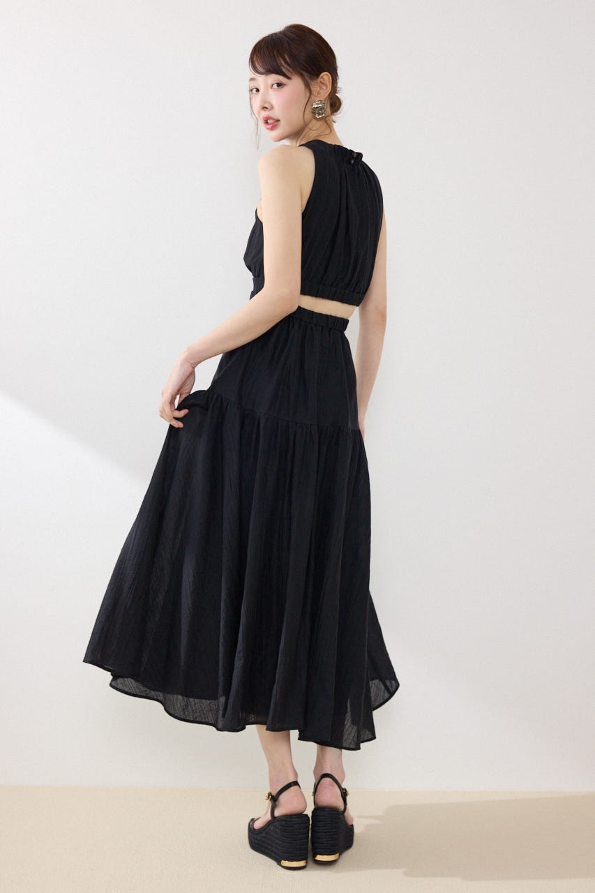 【女神ワンピース】ホルターネックギャザーフレアワンピース BLK S
