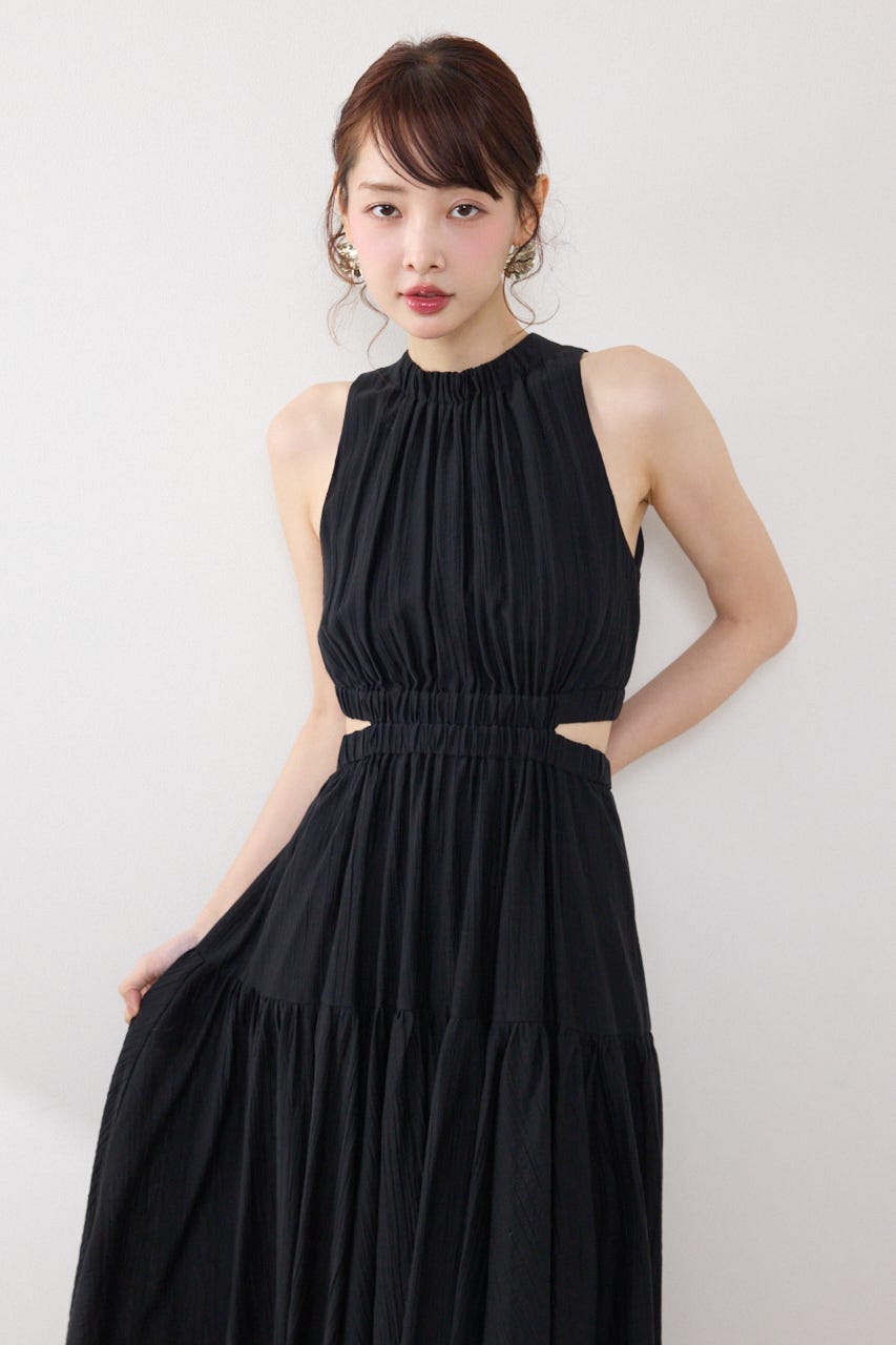 【女神ワンピース】ホルターネックギャザーフレアワンピース BLK S