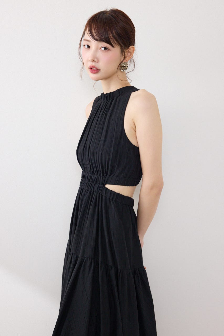 【女神ワンピース】ホルターネックギャザーフレアワンピース BLK S