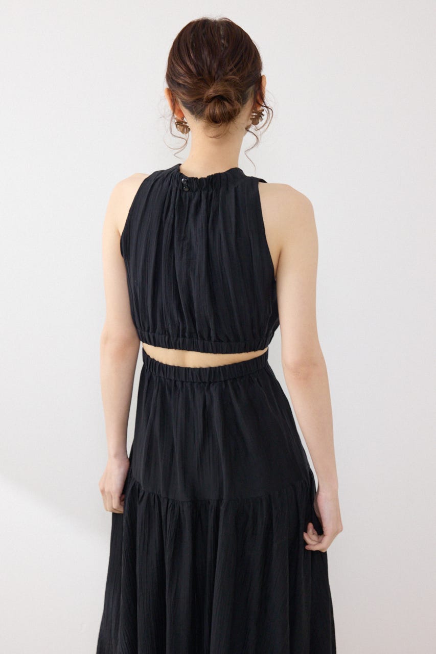 【女神ワンピース】ホルターネックギャザーフレアワンピース BLK S