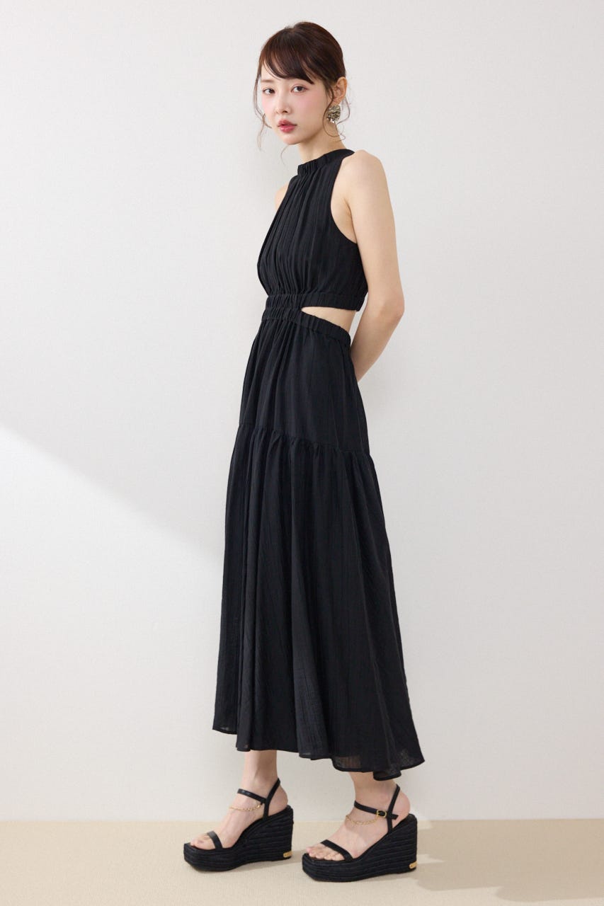 【女神ワンピース】ホルターネックギャザーフレアワンピース BLK S