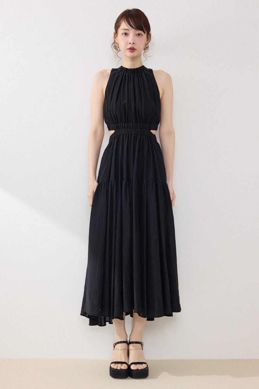 【女神ワンピース】ホルターネックギャザーフレアワンピース BLK S