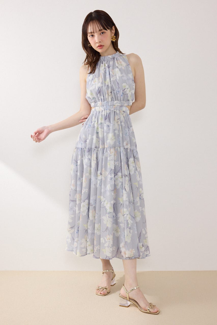 【女神ワンピース】ホルターネックギャザーフレアワンピース 柄GRY M