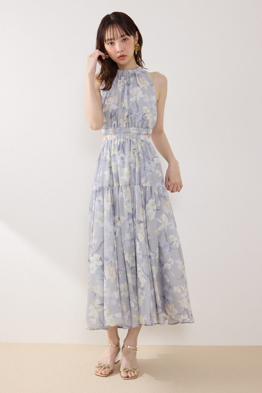 【女神ワンピース】ホルターネックギャザーフレアワンピース 柄GRY M