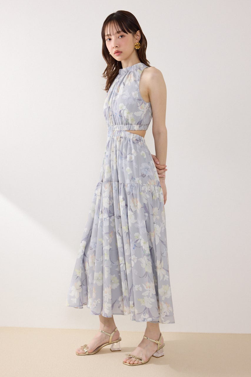 【女神ワンピース】ホルターネックギャザーフレアワンピース 柄GRY M