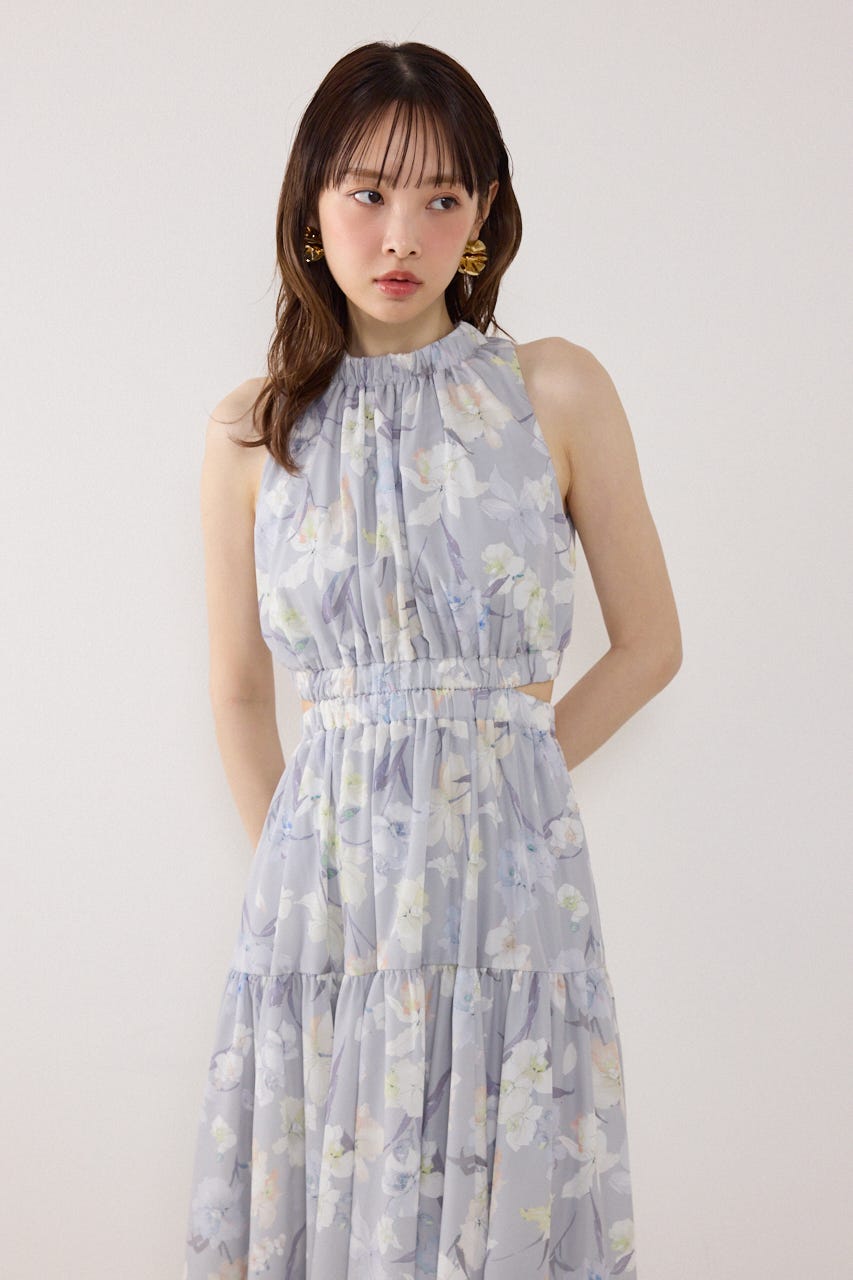 【女神ワンピース】ホルターネックギャザーフレアワンピース 柄GRY M