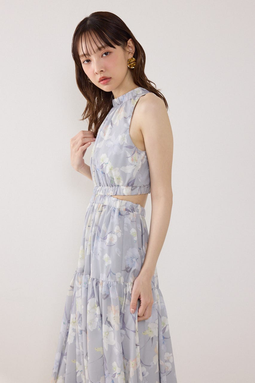 【女神ワンピース】ホルターネックギャザーフレアワンピース 柄GRY M