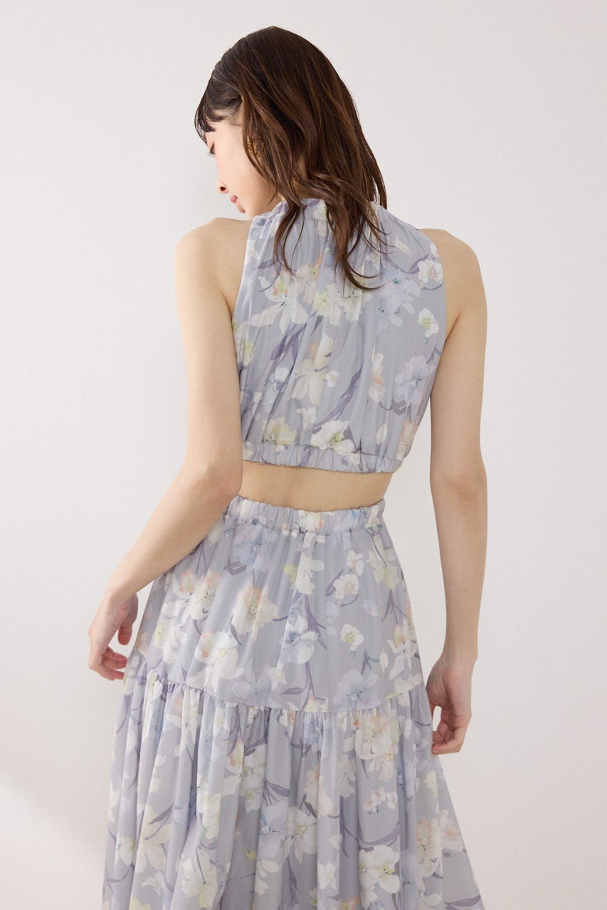 【女神ワンピース】ホルターネックギャザーフレアワンピース 柄GRY M