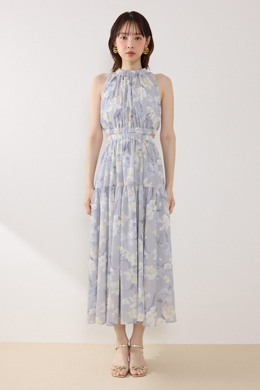 【女神ワンピース】ホルターネックギャザーフレアワンピース 柄GRY M