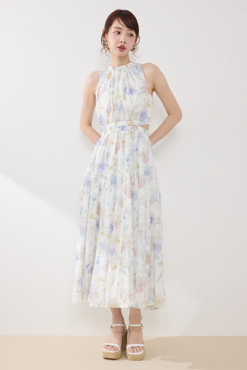 【女神ワンピース】ホルターネックギャザーフレアワンピース 柄WHT S