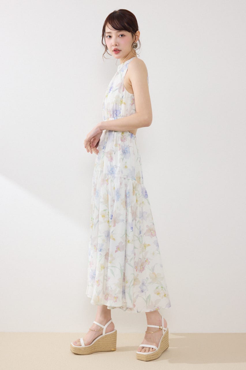 【女神ワンピース】ホルターネックギャザーフレアワンピース 柄WHT S