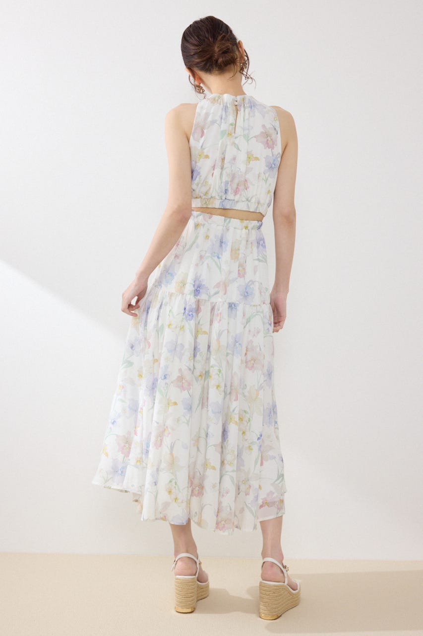 【女神ワンピース】ホルターネックギャザーフレアワンピース 柄WHT S