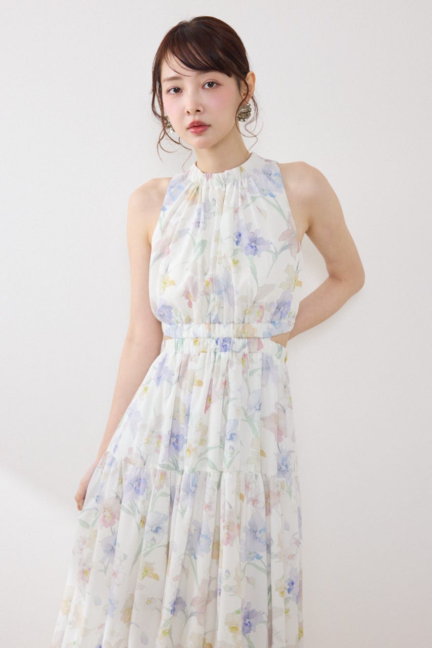 【女神ワンピース】ホルターネックギャザーフレアワンピース 柄WHT S